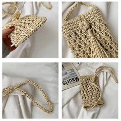 Buylor Summer Beach Bags Straw Crossbody Cell Phone Purse Tassel Shoulder Ba