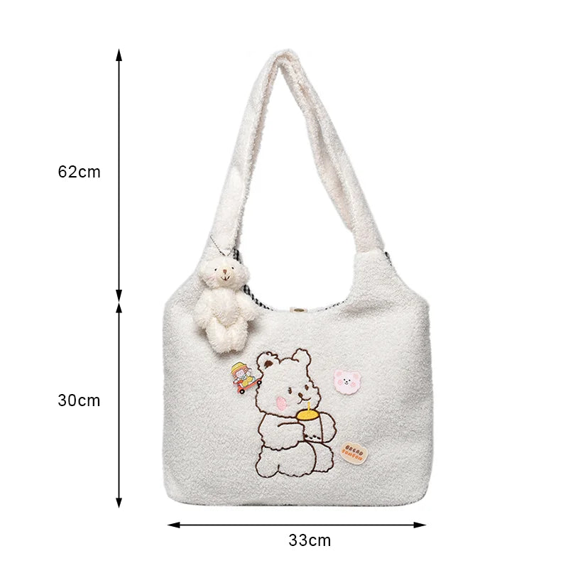 Buylor Canvas Tote Bag Lamb Plush Shoulder Bag Cartoon Bear Embroidery