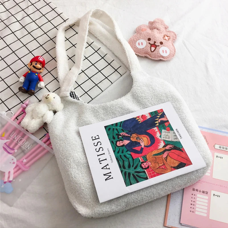 Buylor Canvas Tote Bag Lamb Plush Shoulder Bag Cartoon Bear Embroidery