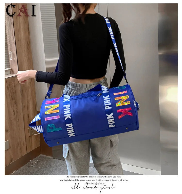 Pink Letter Print Travel Bag Women's Leisure Sports Fitness Shoulder Gym Storage