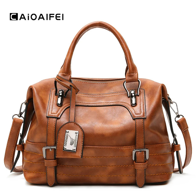 Retro Soft Oil Wax Leather Women Boston Bag Tassel Handbag