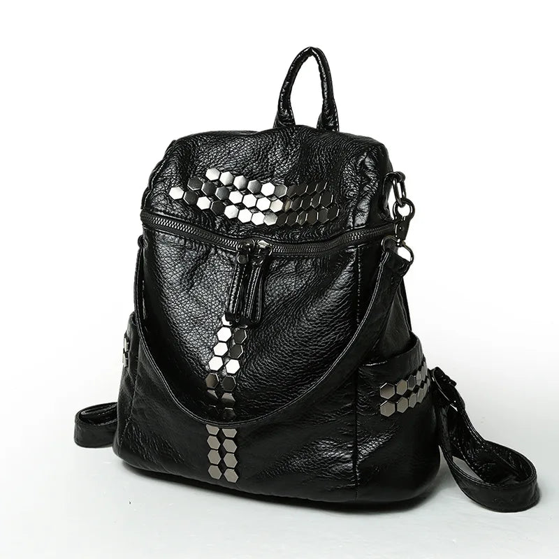 Vintage Soft Washed PU Leather Women Backpack Rivet Female Travel