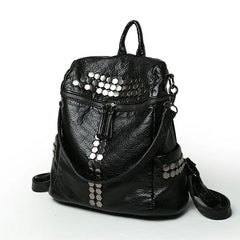Vintage Soft Washed PU Leather Women Backpack Rivet Female Travel