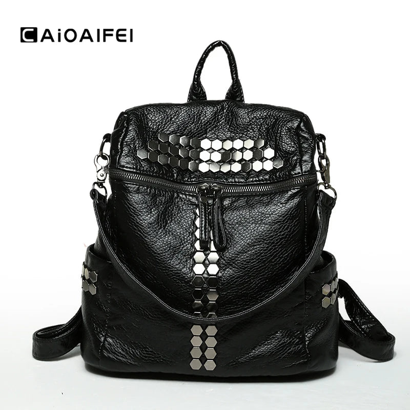 Vintage Soft Washed PU Leather Women Backpack Rivet Female Travel