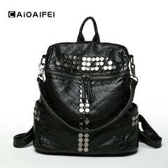 Vintage Soft Washed PU Leather Women Backpack Rivet Female Travel