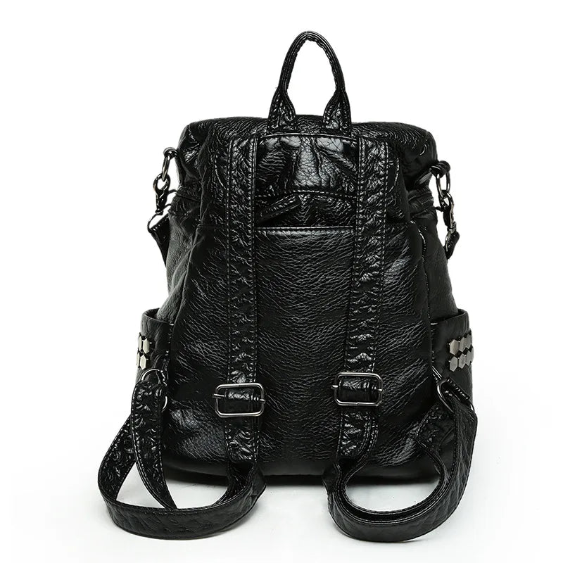 Vintage Soft Washed PU Leather Women Backpack Rivet Female Travel