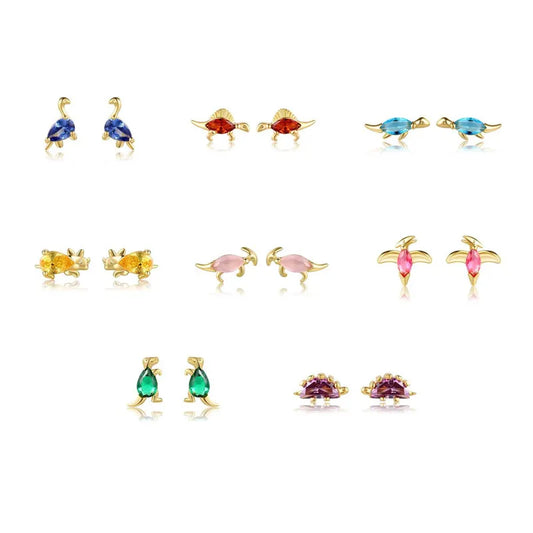 925 Silver Dinosaur Stud Earrings Set w/ Zircon, Colorful Animal Jewelry