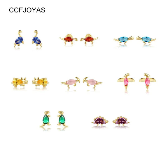 925 Silver Dinosaur Stud Earrings Set w/ Zircon, Colorful Animal Jewelry