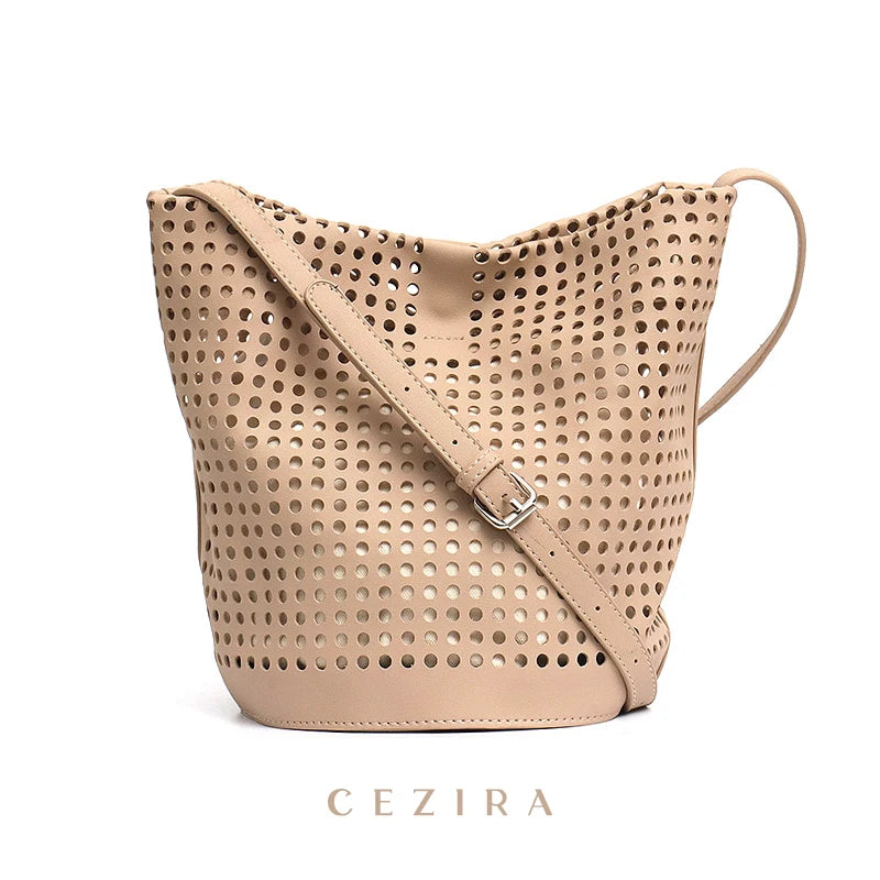 Hollow Out PU Leather Bucket Bag Women Soft Vegan Leather Handbag