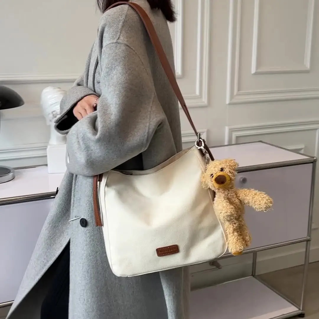 Large Capacity Canvas Shoulder Bag Women Crossbody Bucket Handbag