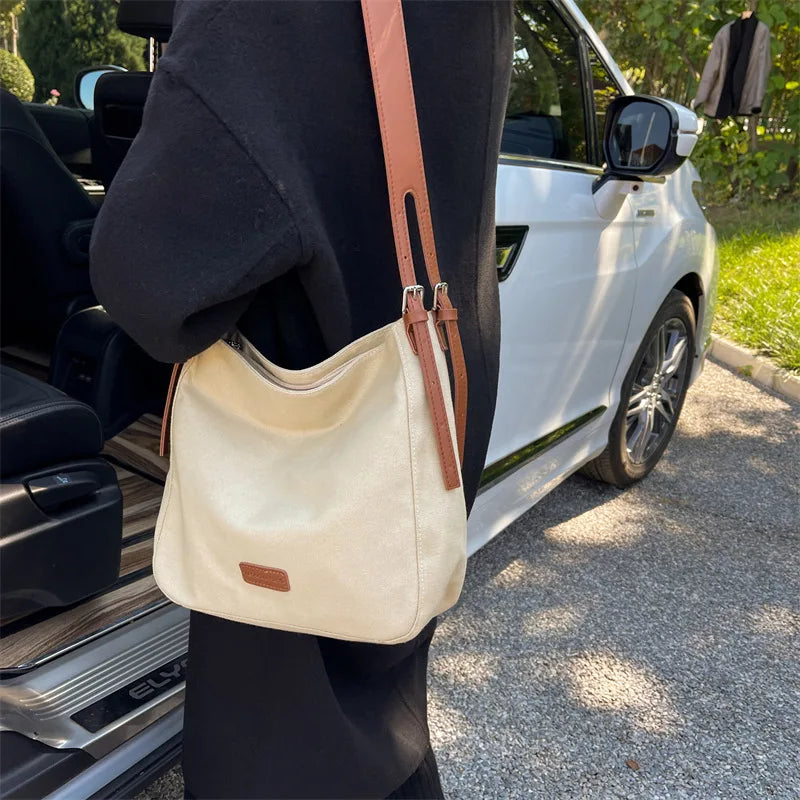 Large Capacity Canvas Shoulder Bag Women Crossbody Bucket Handbag