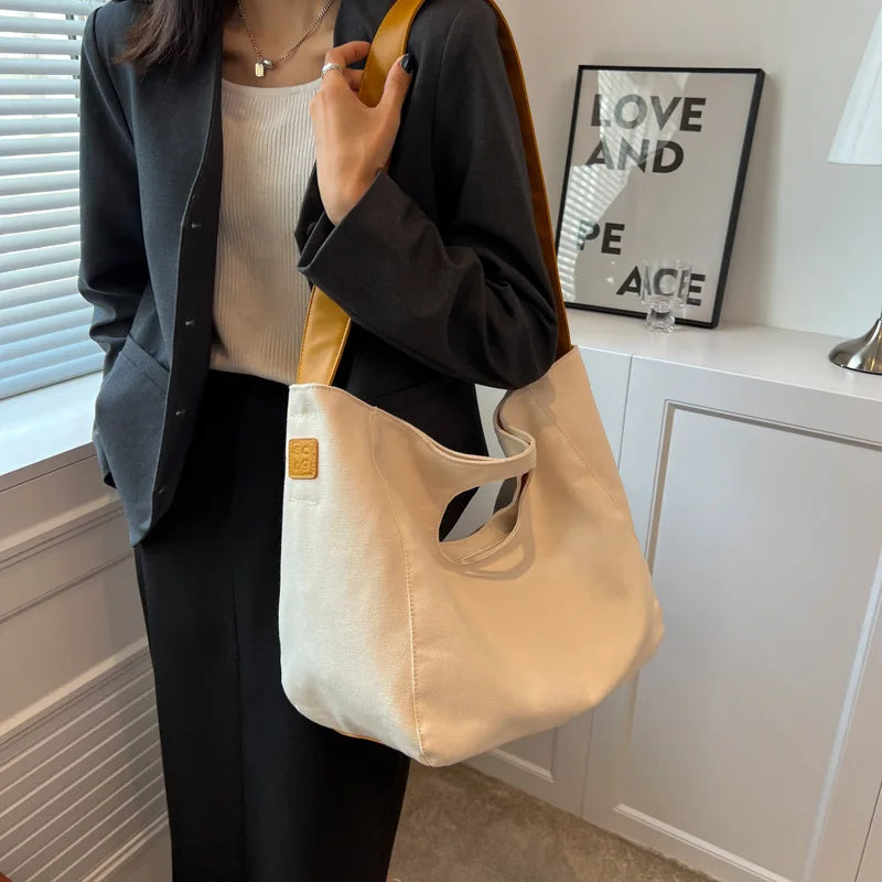 Canvas Tote Bag For Women Large Capacity Solid Beach Shoulder Handbags