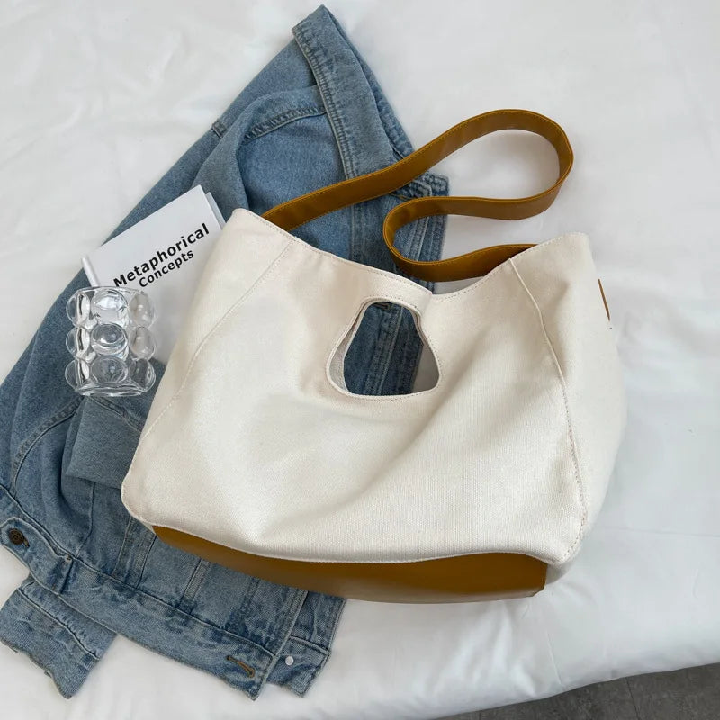 Canvas Tote Bag For Women Large Capacity Solid Beach Shoulder Handbags