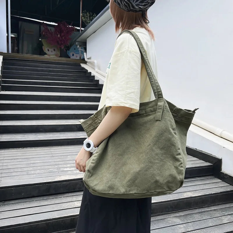 Large Capacity Women Canvas Tote Shoulder Bag Harajuku Solid Beach Shopper Bag C