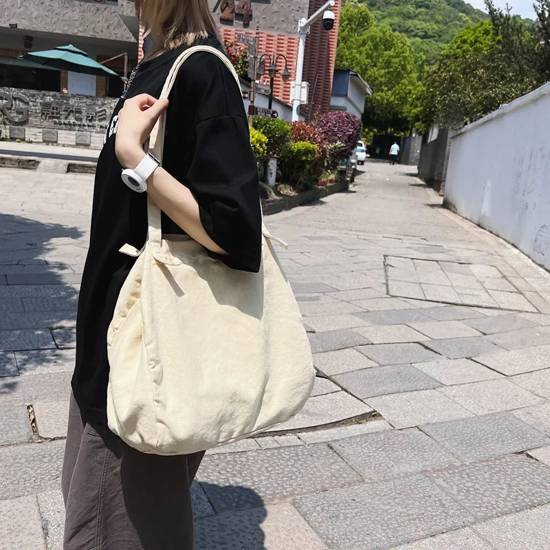 Large Capacity Women Canvas Tote Shoulder Bag Harajuku Solid Beach Shopper Bag C
