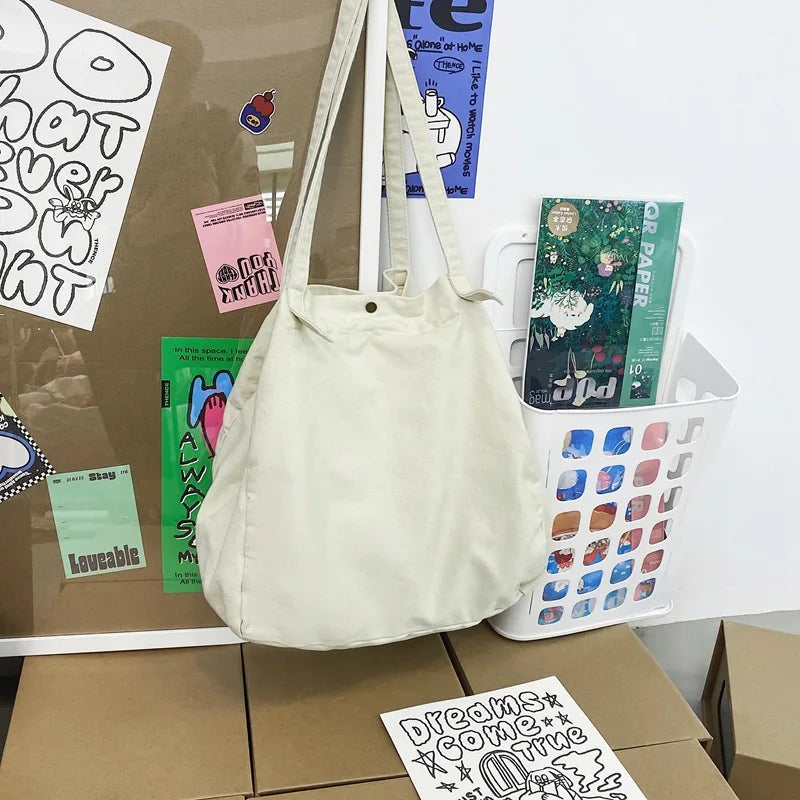Large Capacity Women Canvas Tote Shoulder Bag Harajuku Solid Beach Shopper Bag C