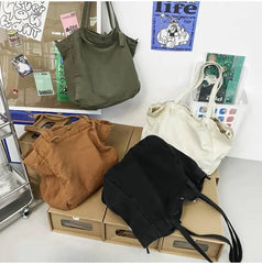 Large Capacity Women Canvas Tote Shoulder Bag Harajuku Solid Beach Shopper Bag C