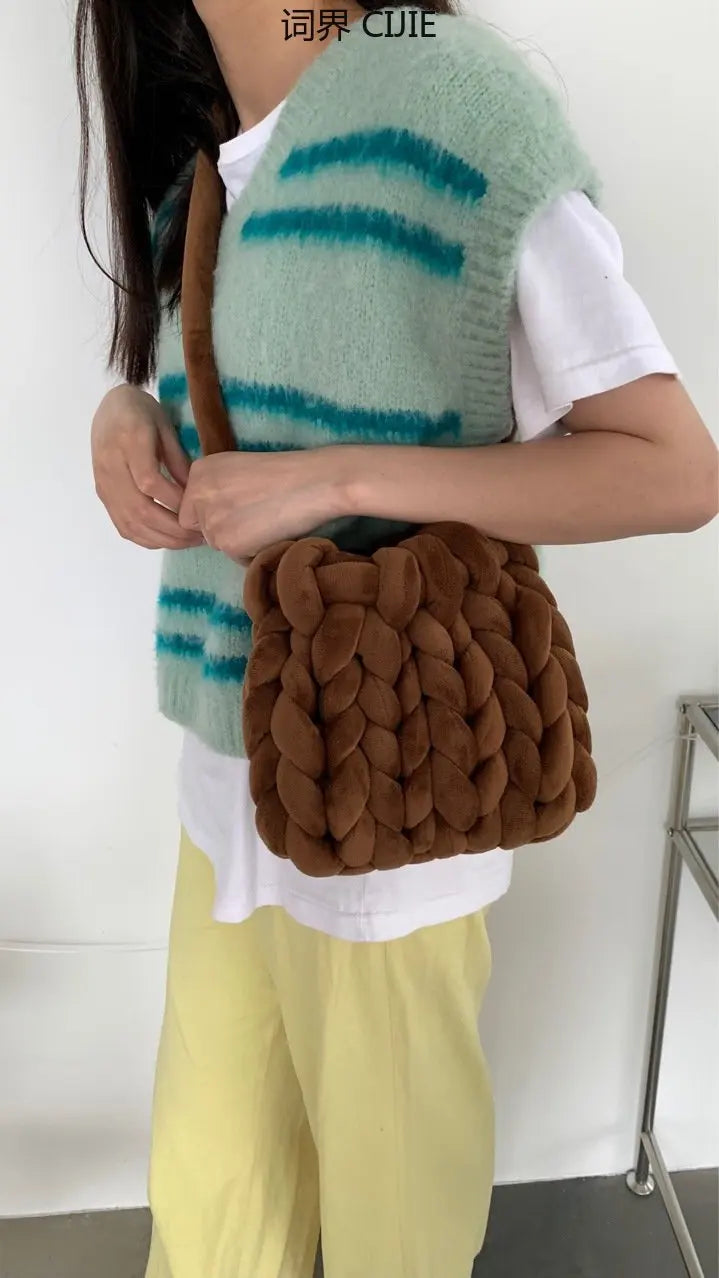 Velvet Knitting Women's Bag Autumn Winter Hand Woven Bag
