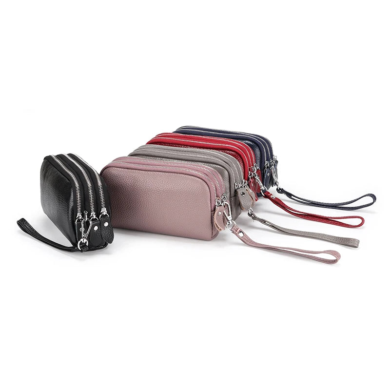 Women Leather Wallet Three Zipper Purses For Ladies Large Capacity