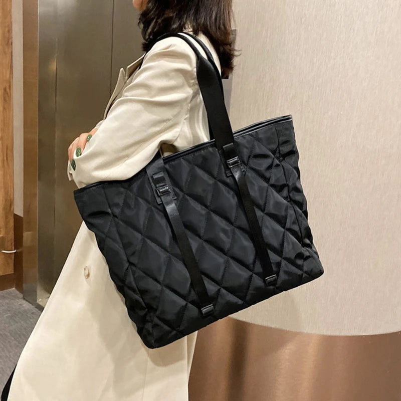 CPDD Large Nylon Tote Bag Quilted Pattern Solid Office Handbag Purse