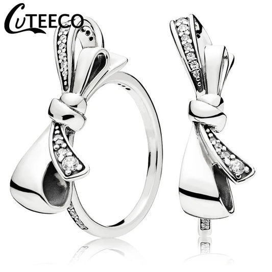 Silver Bow Knot Wedding Ring for Women Engagement Crystal Rings