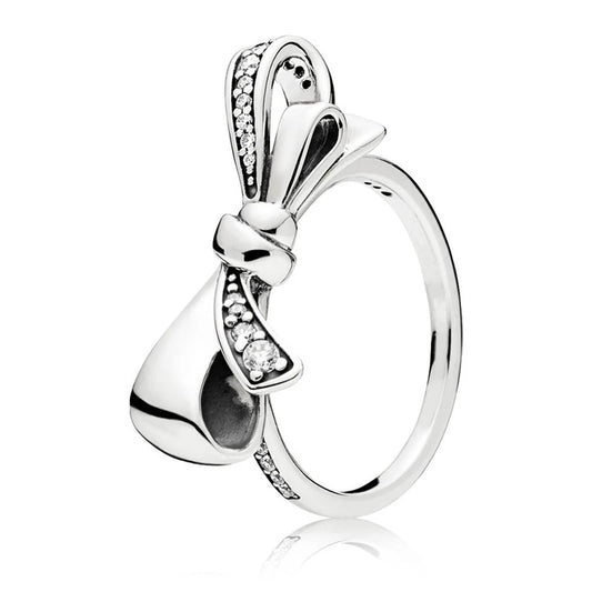 Silver Bow Knot Wedding Ring for Women Engagement Crystal Rings