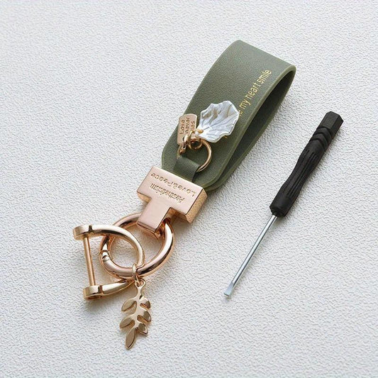 Leaf Shell Pendant Keychain PU Leather Key Ring for Women Men
