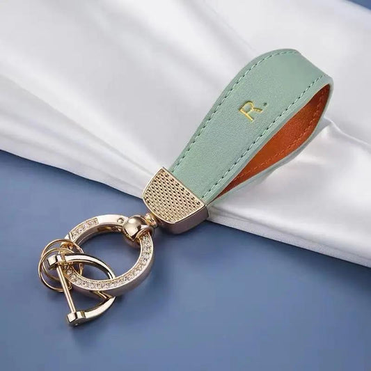 Faux Leather Car Keychain with Rhinestones D Ring