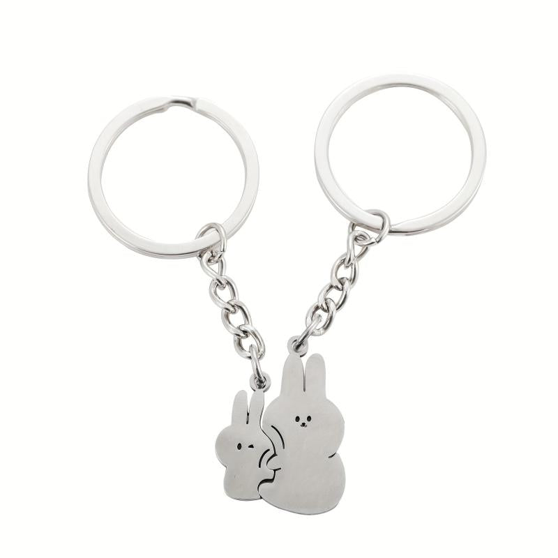 2pcs Cartoon Cuddle Bunny Metal Stainless Steel Keychain Couple Car Key Chain