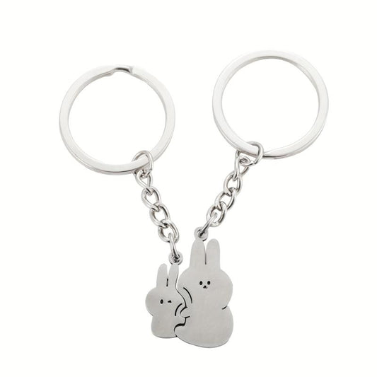2pcs Cartoon Cuddle Bunny Metal Stainless Steel Keychain Couple Car Key Chain