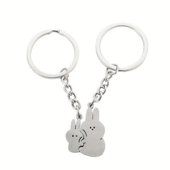 2pcs Cartoon Cuddle Bunny Metal Stainless Steel Keychain Couple Car Key Chain