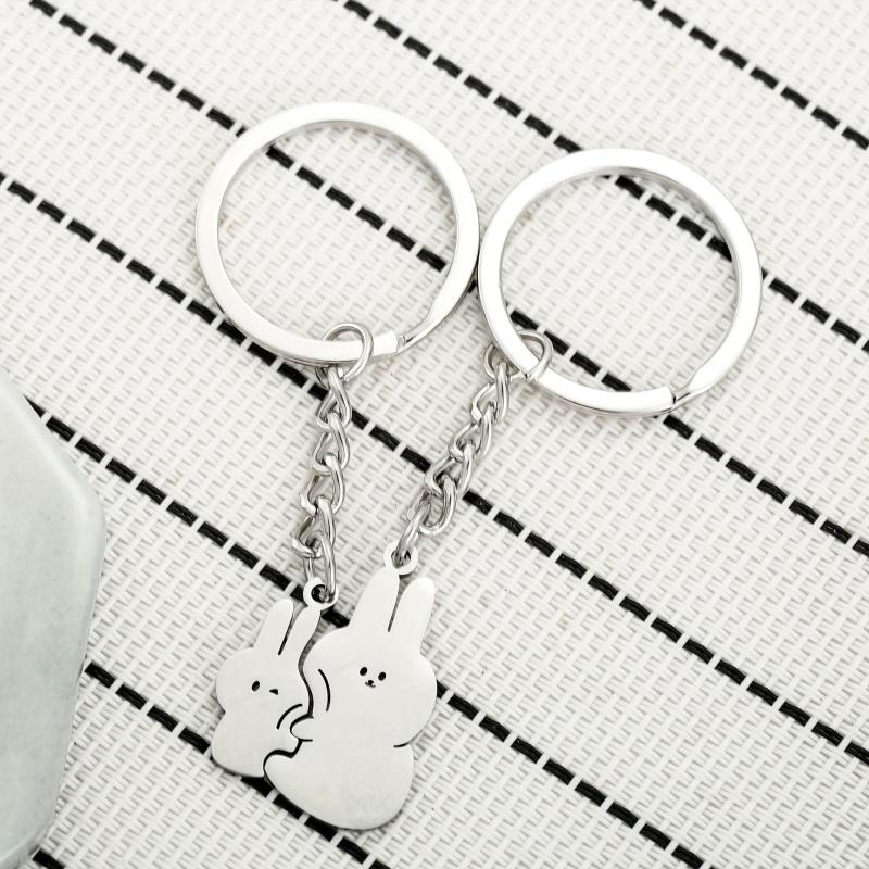 2pcs Cartoon Cuddle Bunny Metal Stainless Steel Keychain Couple Car Key Chain