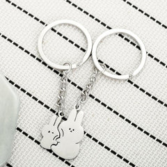 2pcs Cartoon Cuddle Bunny Metal Stainless Steel Keychain Couple Car Key Chain