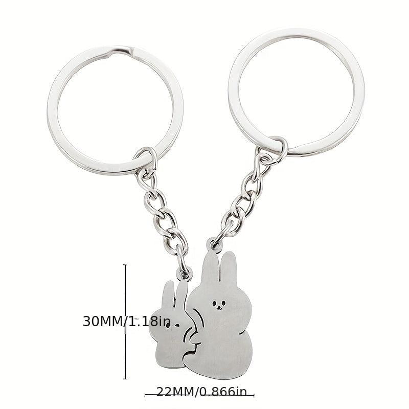 2pcs Cartoon Cuddle Bunny Metal Stainless Steel Keychain Couple Car Key Chain