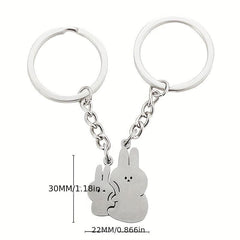 2pcs Cartoon Cuddle Bunny Metal Stainless Steel Keychain Couple Car Key Chain