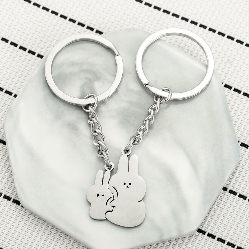 2pcs Cartoon Cuddle Bunny Metal Stainless Steel Keychain Couple Car Key Chain