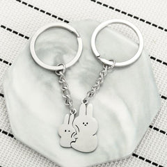 2pcs Cartoon Cuddle Bunny Metal Stainless Steel Keychain Couple Car Key Chain
