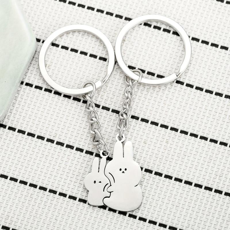 2pcs Cartoon Cuddle Bunny Metal Stainless Steel Keychain Couple Car Key Chain