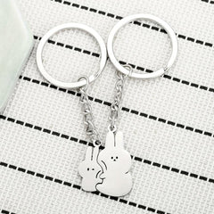 2pcs Cartoon Cuddle Bunny Metal Stainless Steel Keychain Couple Car Key Chain