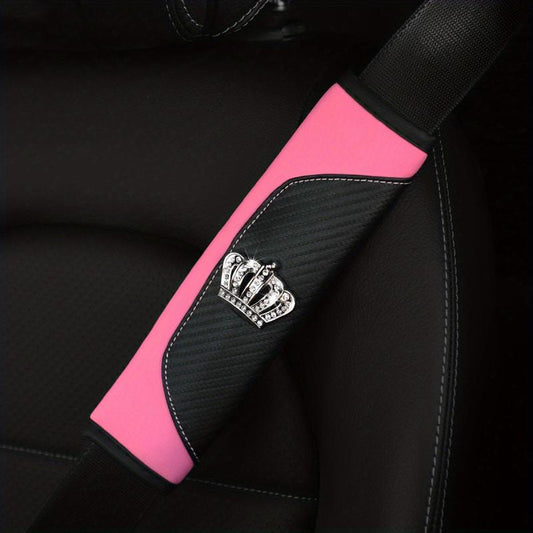 Car Seat Belt Shoulder Cover PU Leather Carbon Fiber Artificial Diamond Crown