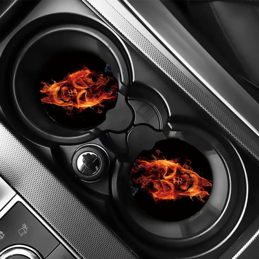 2pcs Flame Skull Print Car Cup Holder Coasters Car Accessories