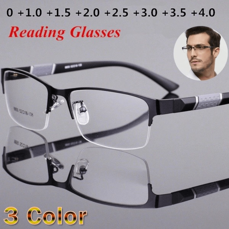 Men's Square Metal Frame Anti Reading Glasses Business Presbyopic 100-400