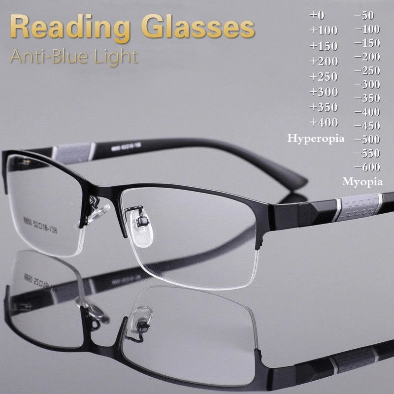 Men's Square Metal Frame Anti Reading Glasses Business Presbyopic 100-400