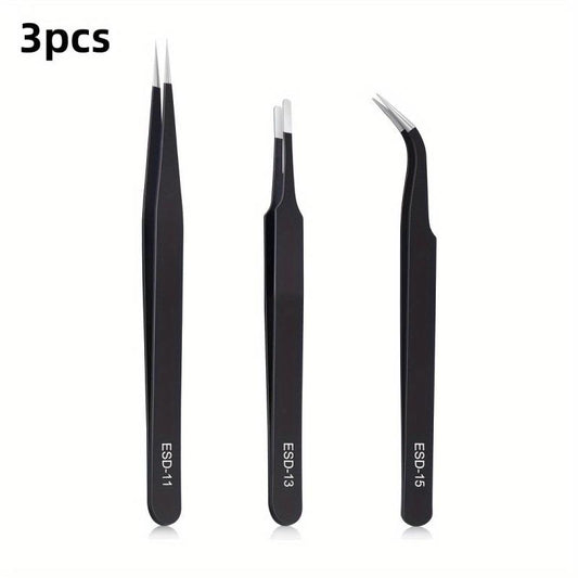 3pcs Anti-static Stainless Steel Precision Tweezers for Electronics Lab Jewelry