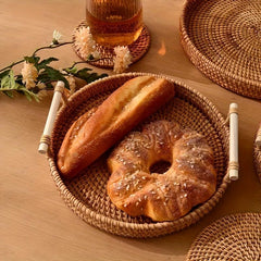Rattan Serving Tray Double Ear Tea Tray Fruit Plate Bread Snack Basket