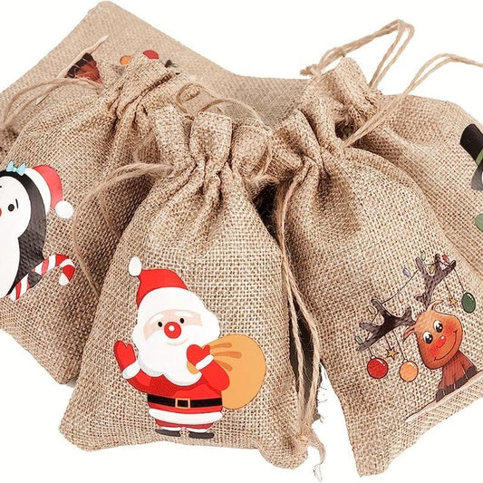 Christmas Burlap Gift Bag Set - 12pcs Bibs with Drawstrings