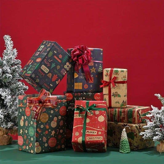 6pcs Christmas Wrapping Paper Set with Tags, Stickers, Paper Rope