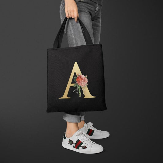 Flower Letters Print Canvas Bag Lightweight Shoulder Bag