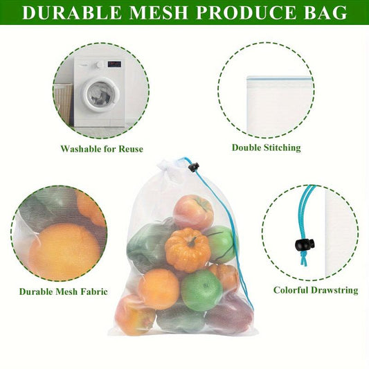 15 Reusable Grocery Mesh Bags with Colorful Tags - Small, Medium & Large Set