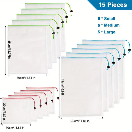 15 Reusable Grocery Mesh Bags with Colorful Tags - Small, Medium & Large Set